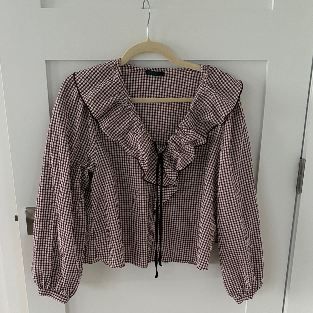 Gingham Ruffle Blouse - Maroon and White